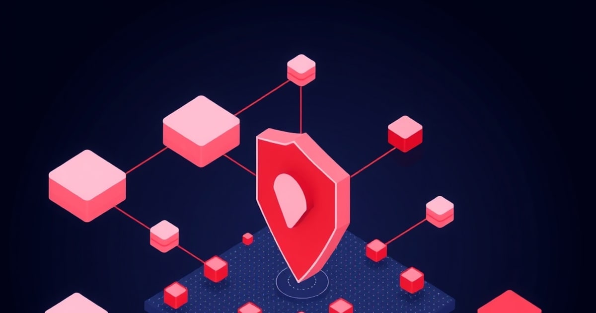 Isometric illustration of a shield deflecting linked cubes drifting across a grid, representing inputs crafted to fool a model