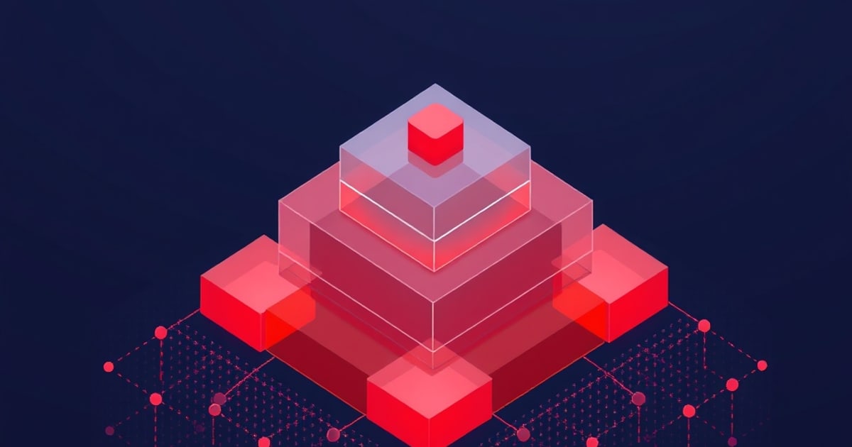 Flat isometric illustration of a stepped pyramid of translucent and solid red slabs topped by a small red cube, over a faint pink node grid.