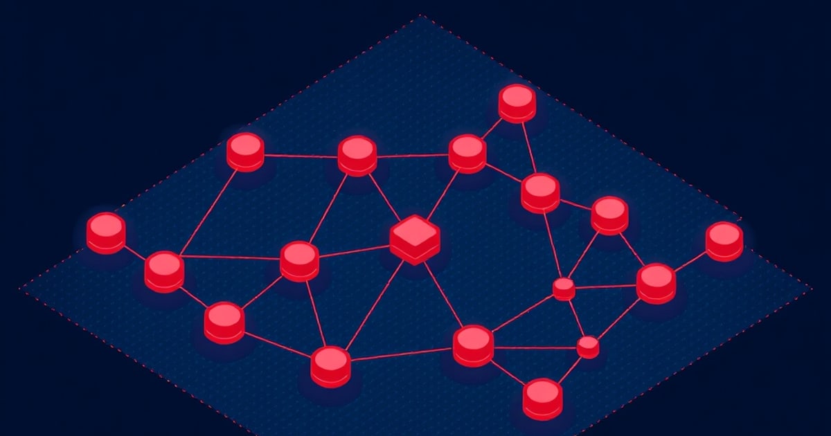 Isometric network of glowing red cylindrical nodes linked by red lines around a central cube on a dark blue grid, evoking AI security platforms