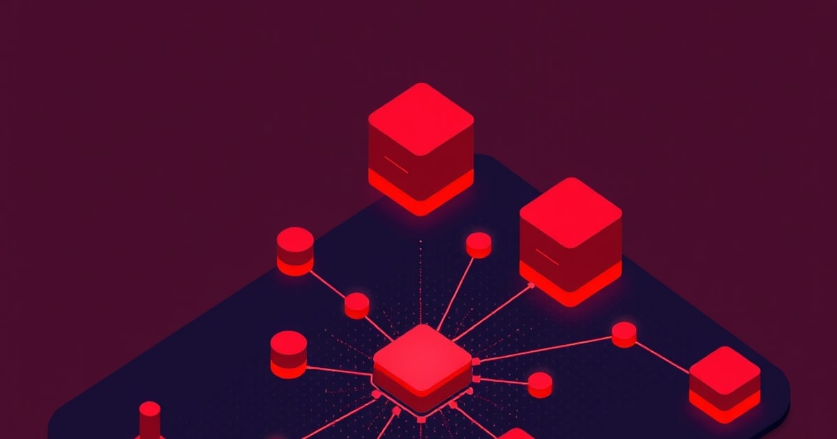 Isometric glowing red cubes and cylinder nodes linked by thin lines to a central hub on a dark platform, evoking a media verification network