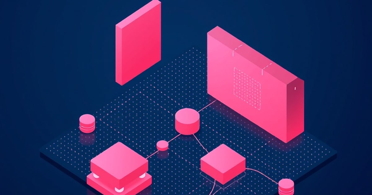 Isometric illustration of two blank pink display panels above linked blocks and cylinders, representing pipelines testing media for deepfake artifacts