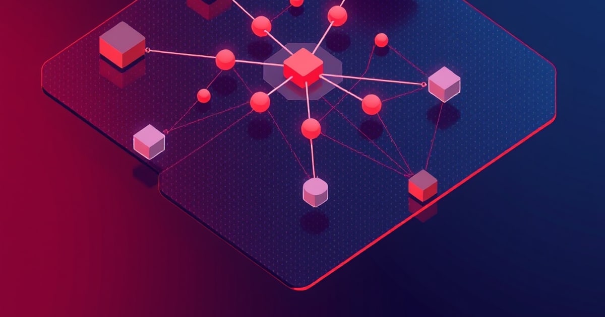 Isometric network graph on dark slabs: a glowing red cube hub linked by pink lines to red spheres and cubes, representing phishing detection signals