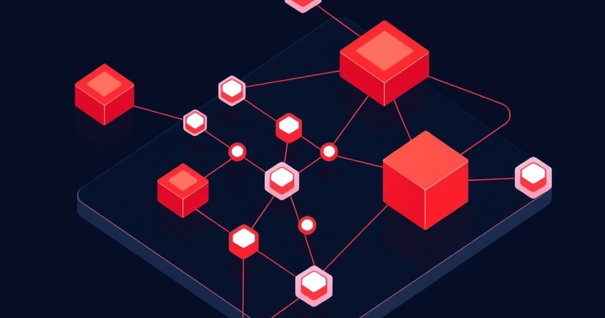 Flat isometric illustration of red cubes and white hexagon nodes joined into a network graph across a dark slate board.